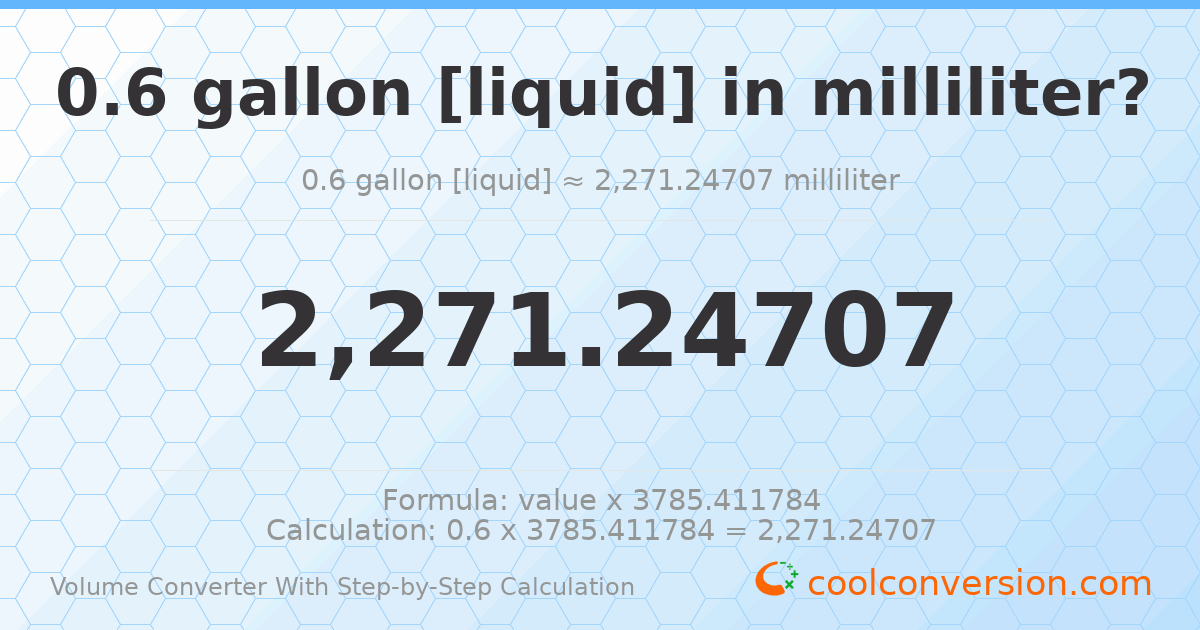 0.6 gallons [liquid] = 2271.25 milliliters